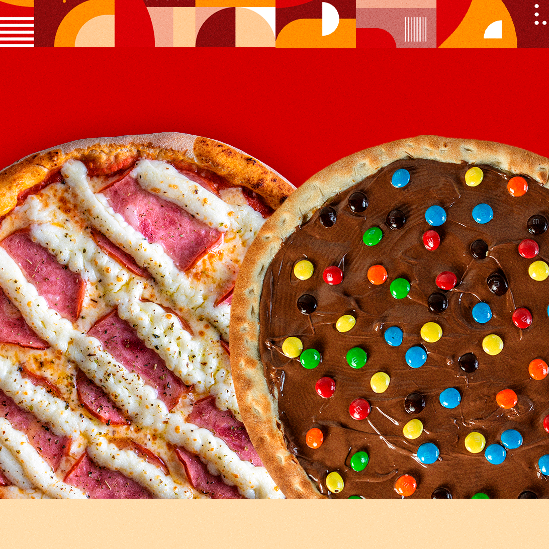 Compre 1 pizza média e ganhe 50% na compra da pizza média doce