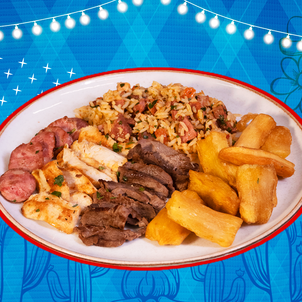 Arraiá do Rão: Arroz Carreteiro com Mix de Carnes e Aipim Frito 