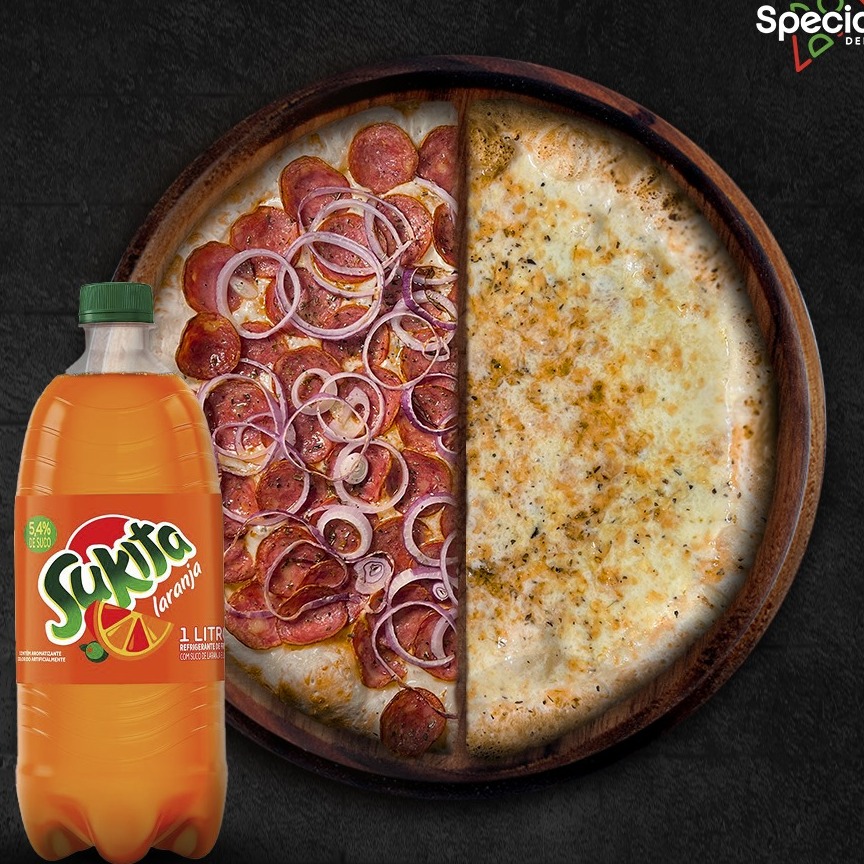 Compre 1 Pizza G (35 Cm) 1/2 Mussarela e 1/2 Calabresa e GANHE 1 Sukita Laranja 1 L