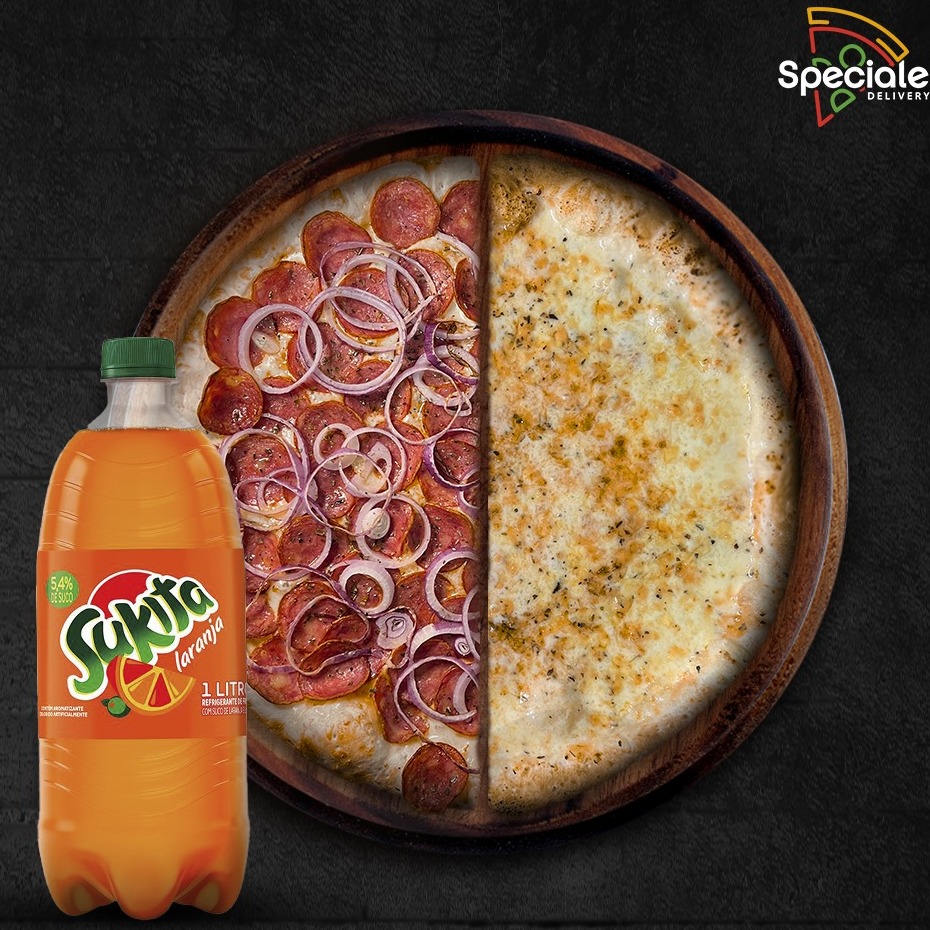 COMPRE 1 PIZZA G (35 CM) 1/2 MUSSARELA E 1/2 CALABRESA E GANHE 01 SUKITA LARANJA 1L