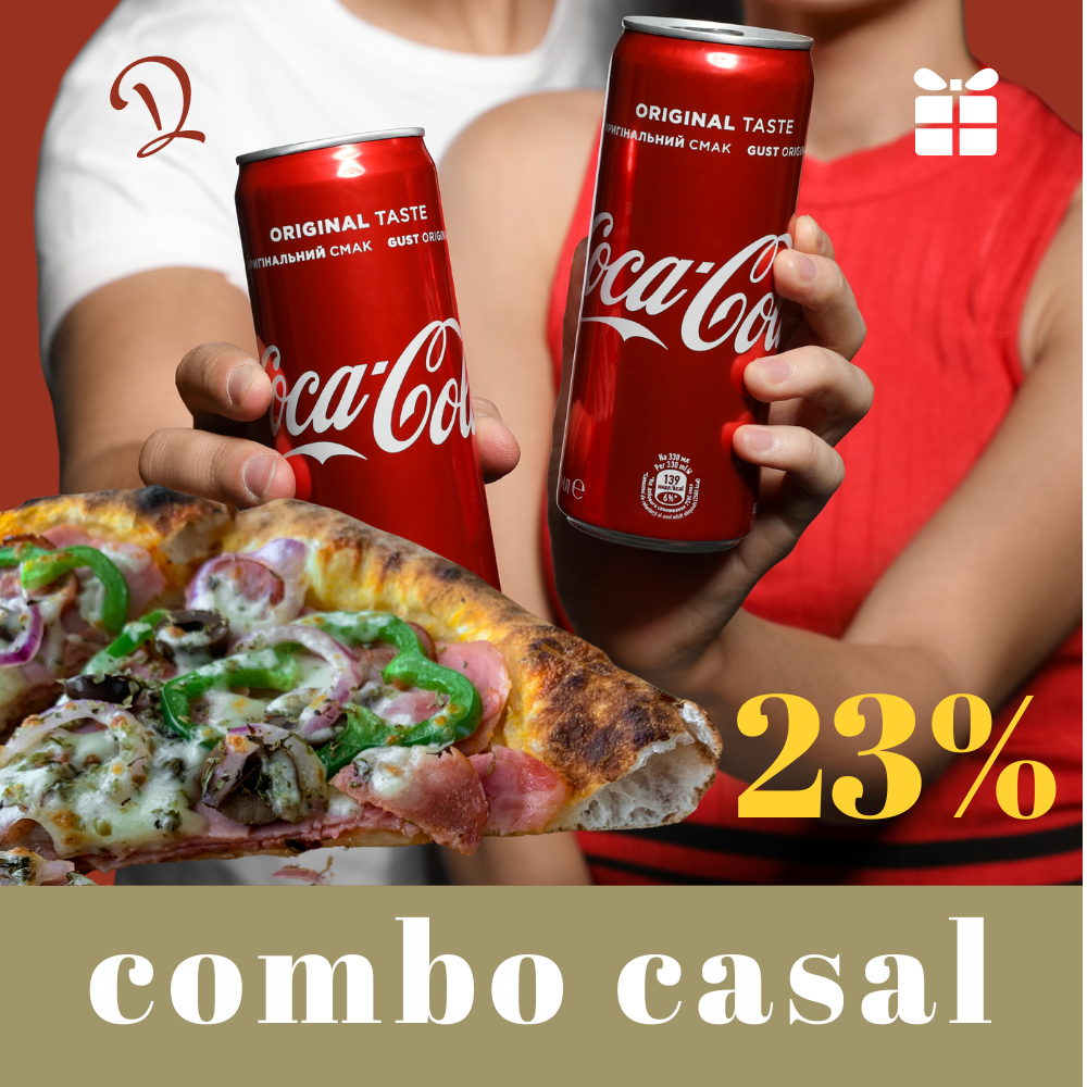 Combo Casal - Pizza média (4 fatias) + 2 Coca-Cola Lata 350ml Grátis!