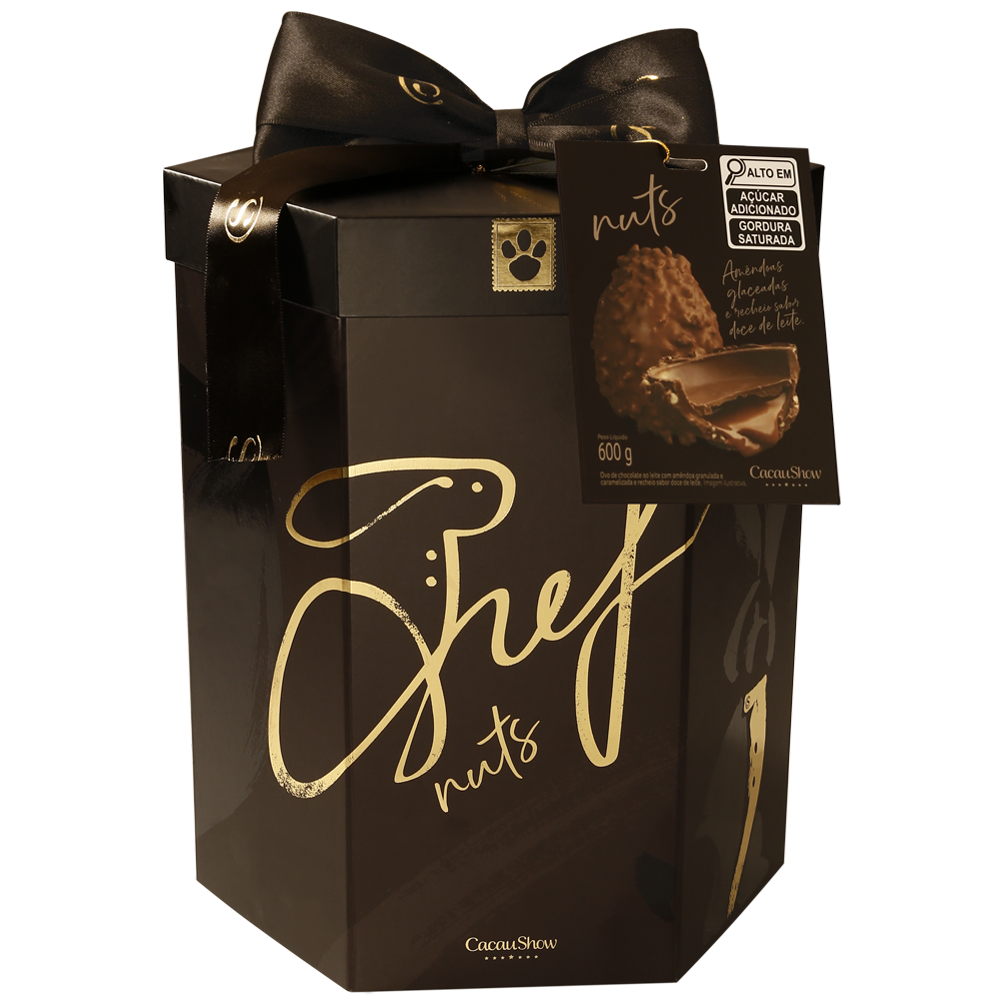 Casca de chocolate ao leite com pedaços de amêndoas glaceadas, recheio de doce de leite e selagem de chocolate ao leite. Irresistível!