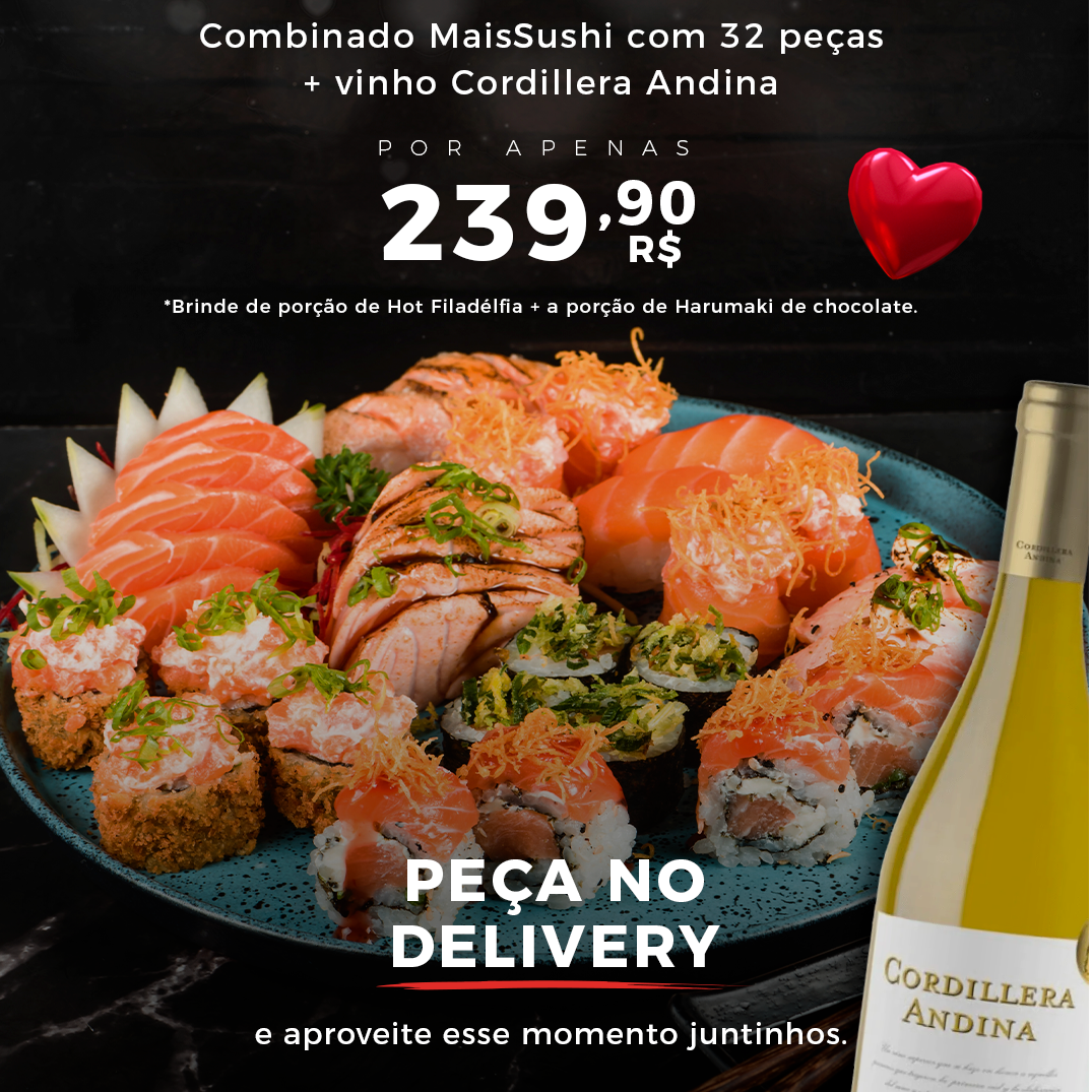 Combinado Maissushi 32 peças + 1 Cordillera Andina Chardonnay