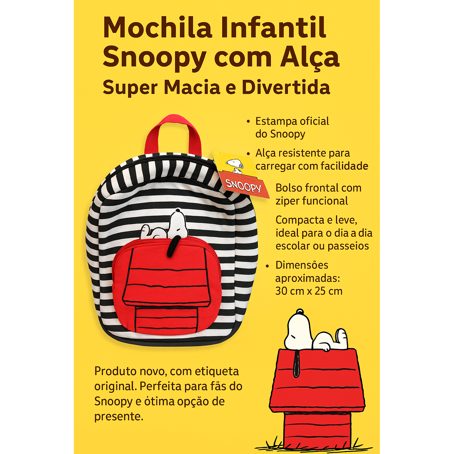 Mochila Infantil Snoopy com Alça – Super Macia e Divertida
