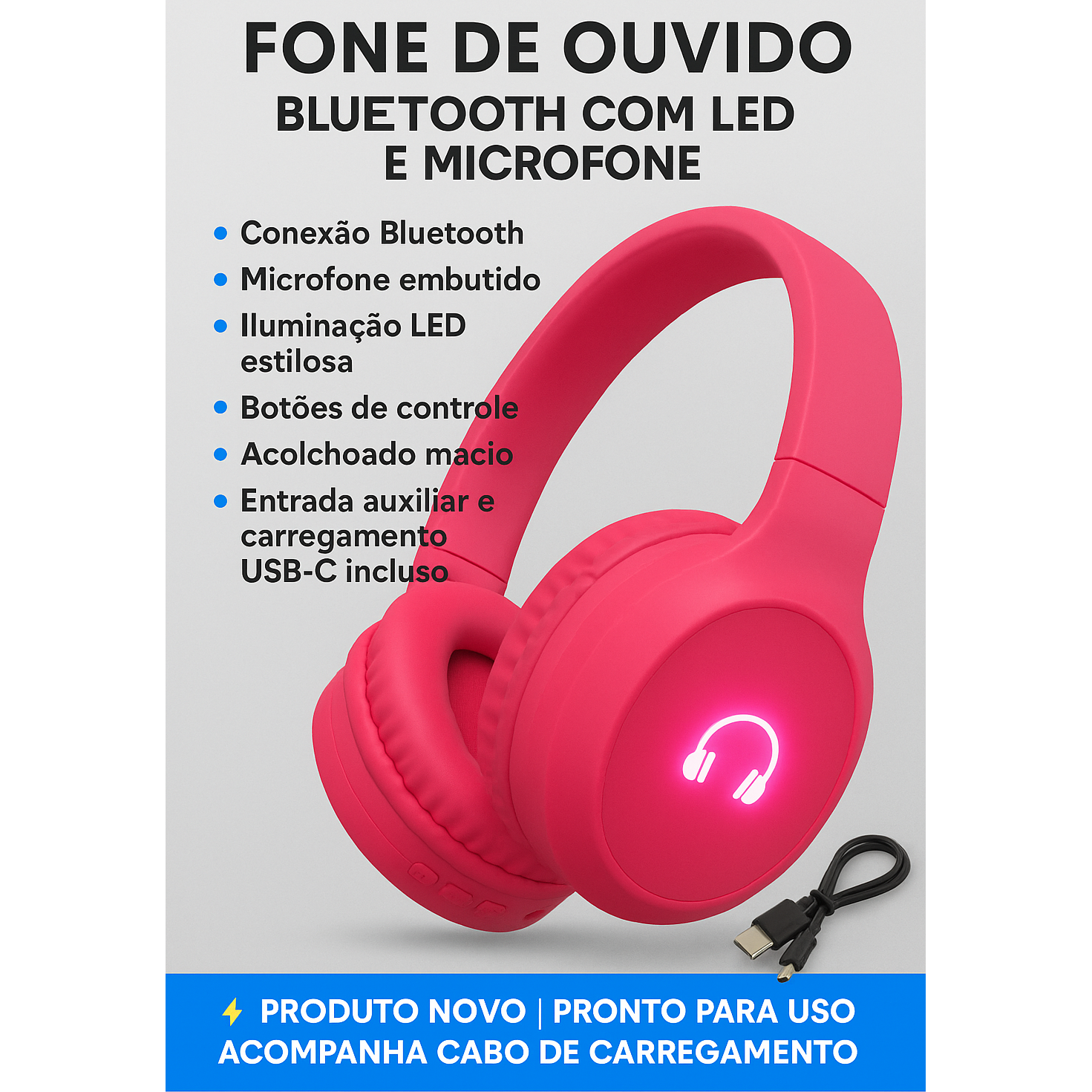 Fone de Ouvido Bluetooth com LED e Microfone - Rosa Neon