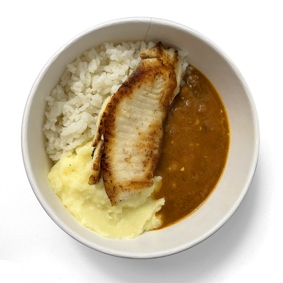Filé de Peixe Grelhado c/ Purê, Arroz e Feijão