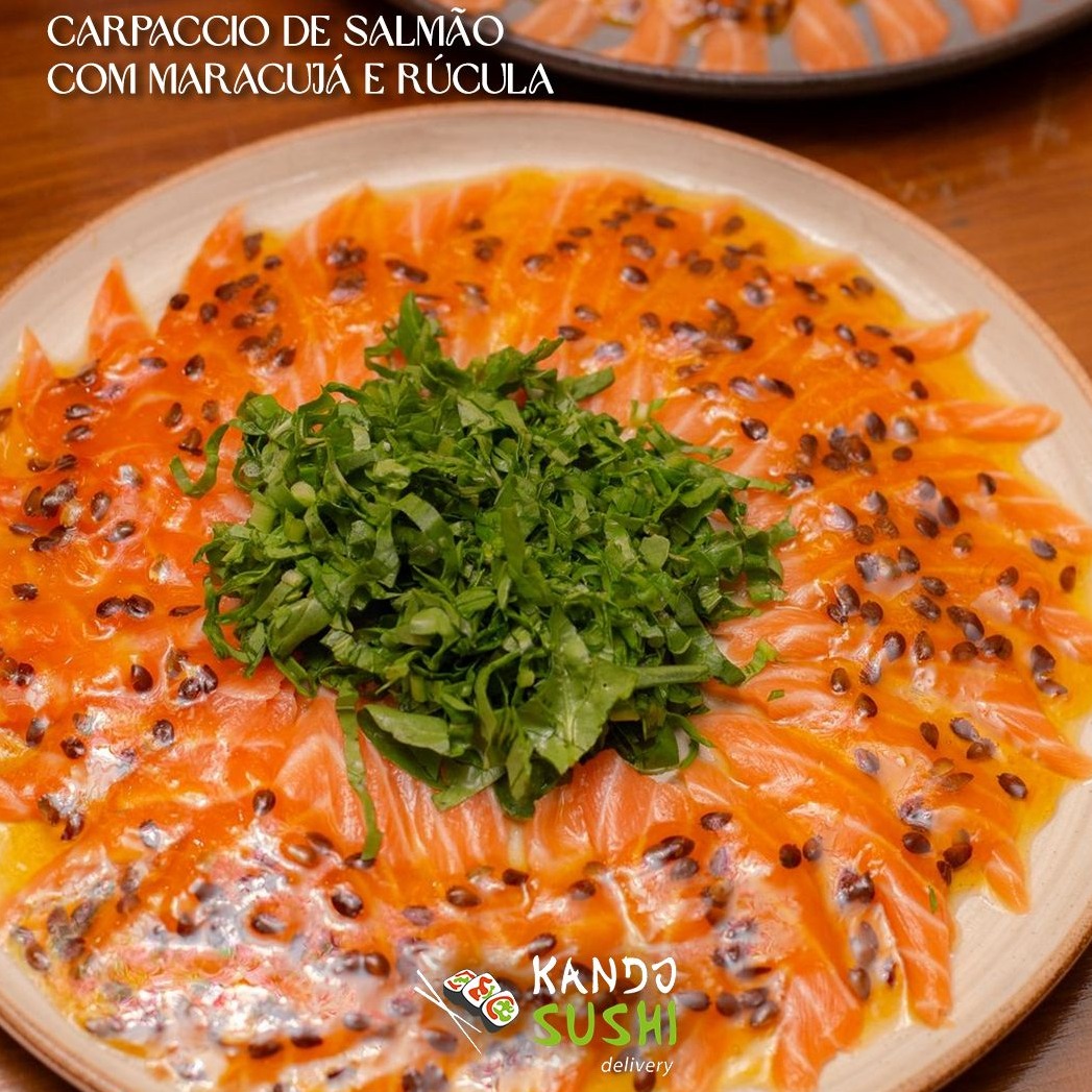 Carpaccio SALMÃO COM MARACUJÁ E RÚCULA  (20 FATIAS)