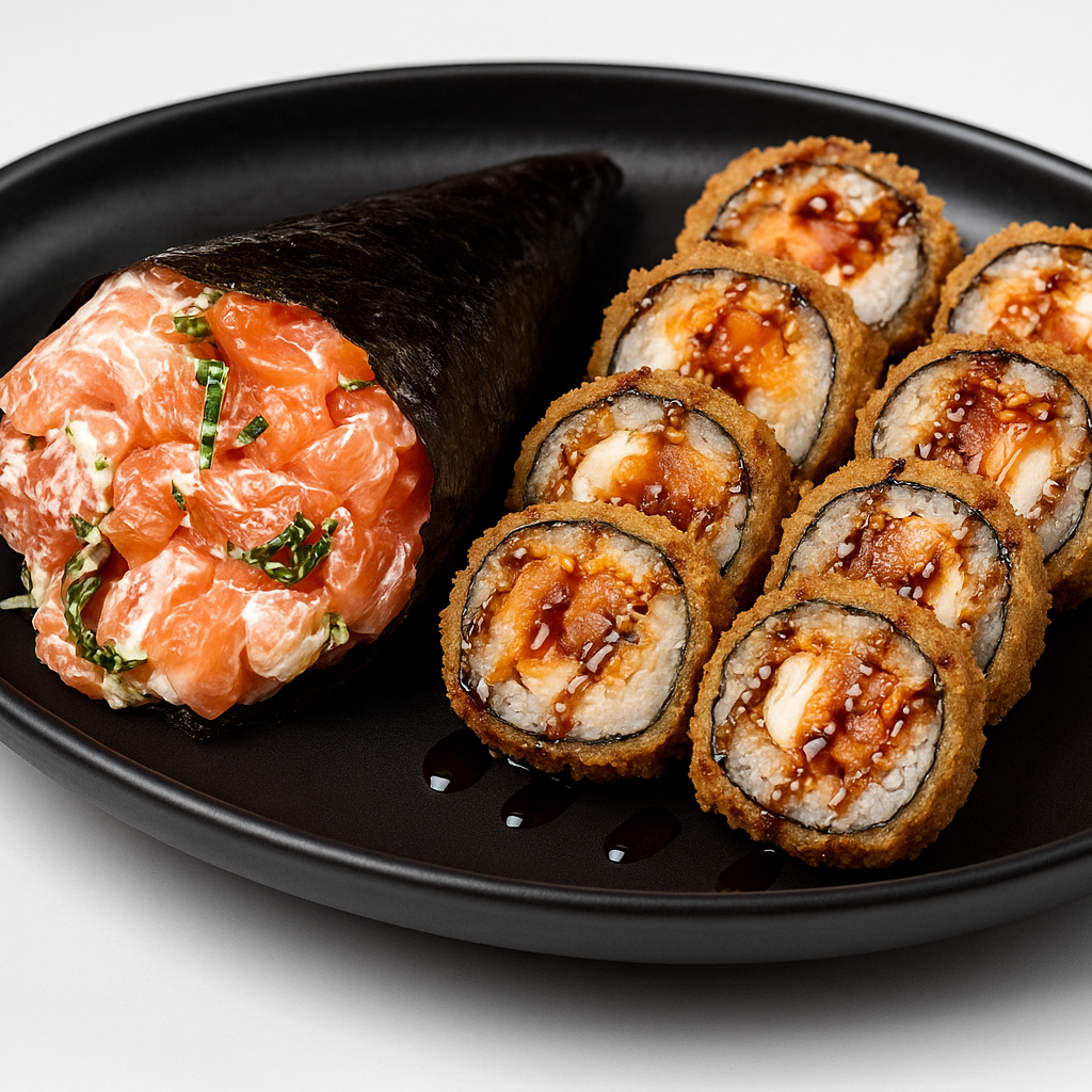 Temaki Salmão Completo + 10 Hot Roll de Salmão Grelhado
