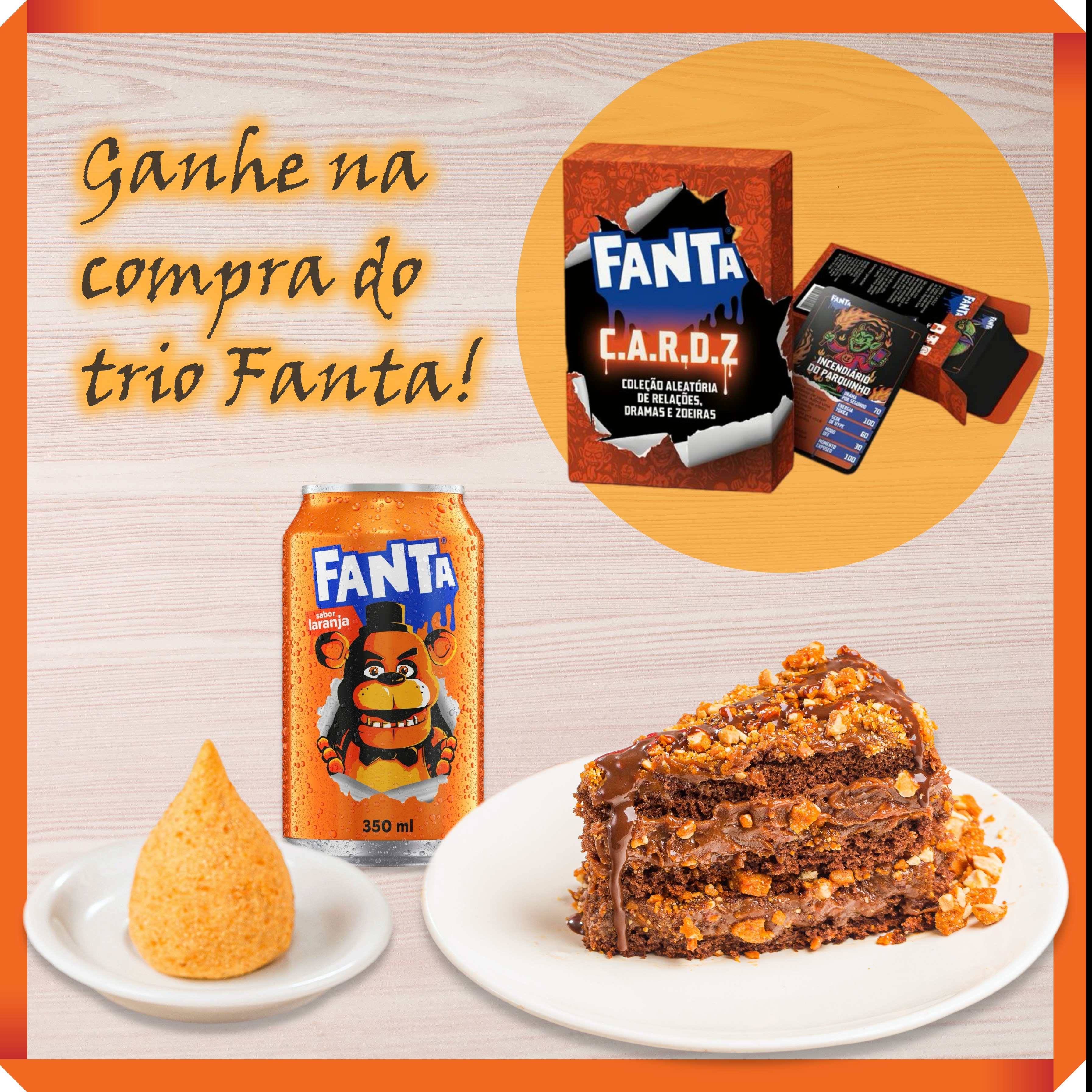 Fatia de Brigadeiro Crocante + Coxinha + Fanta 350 ml + Cortesia Game CARDZ