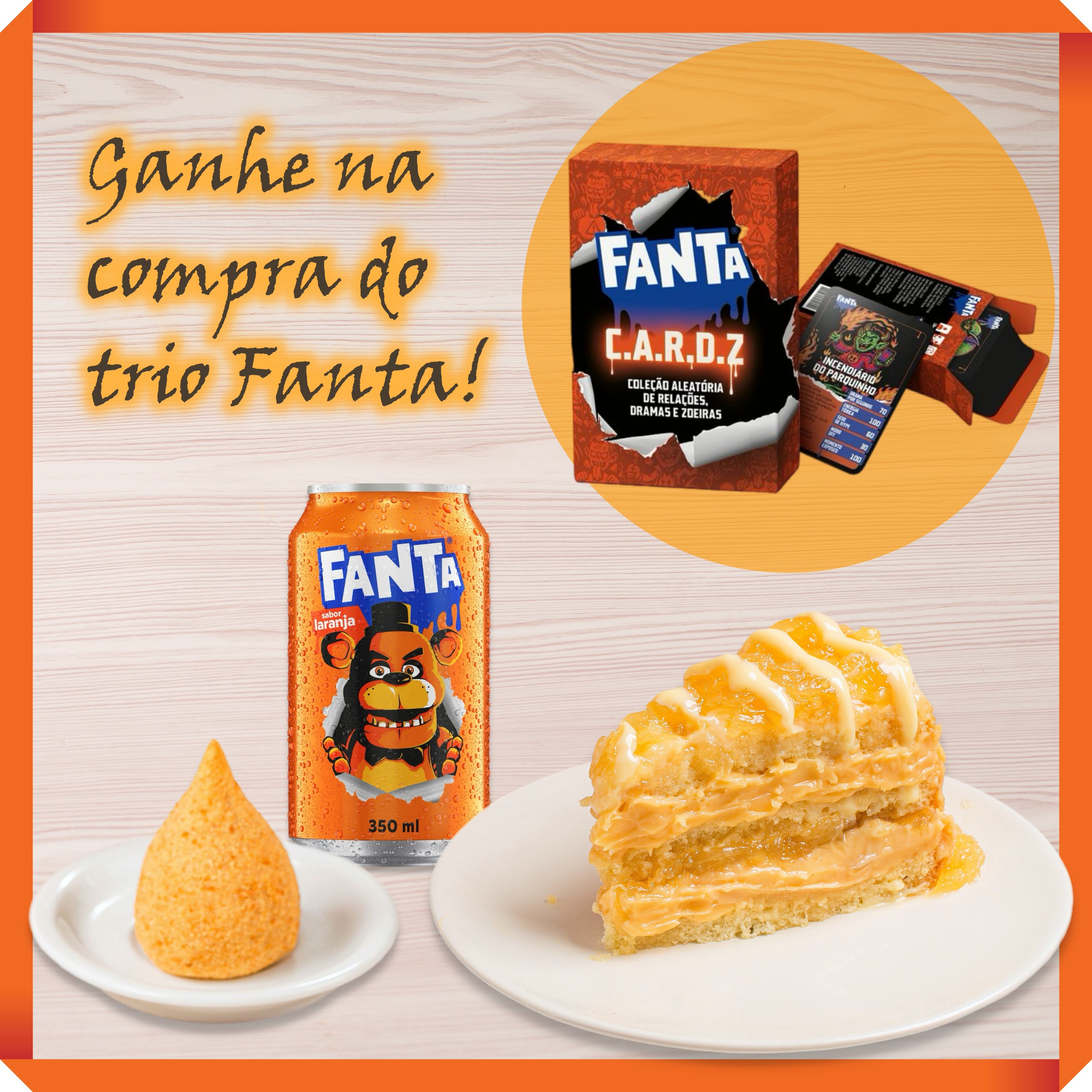 Fatia de Delícia de Abacaxi + Coxinha + Fanta 350 ml + Cortesia Game CARDZ