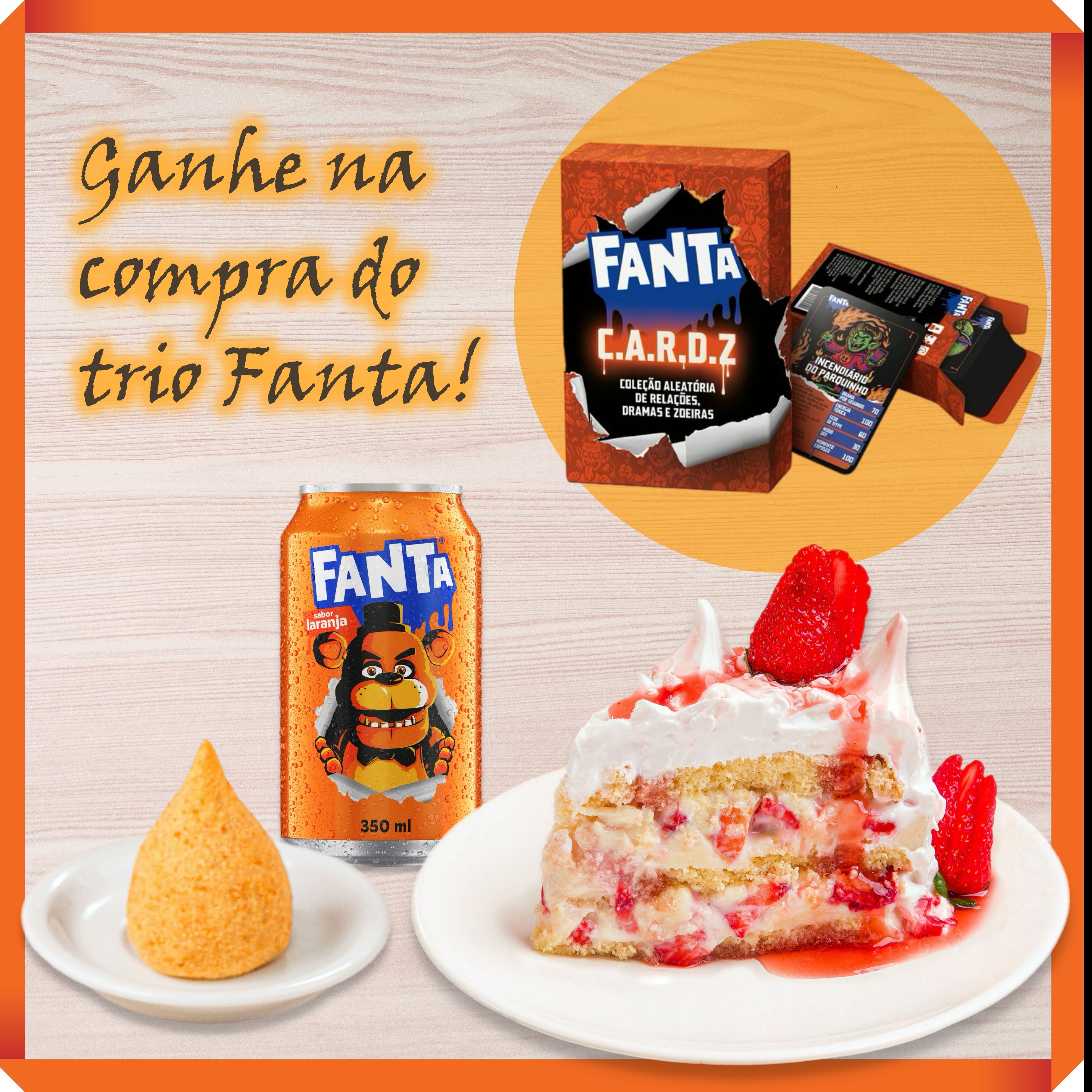 Fatia de Morangos Frescos com Leite Moça e Marshmallow Artesanal + Coxinha + Fanta 350 ml + Cortesia Game CARDZ