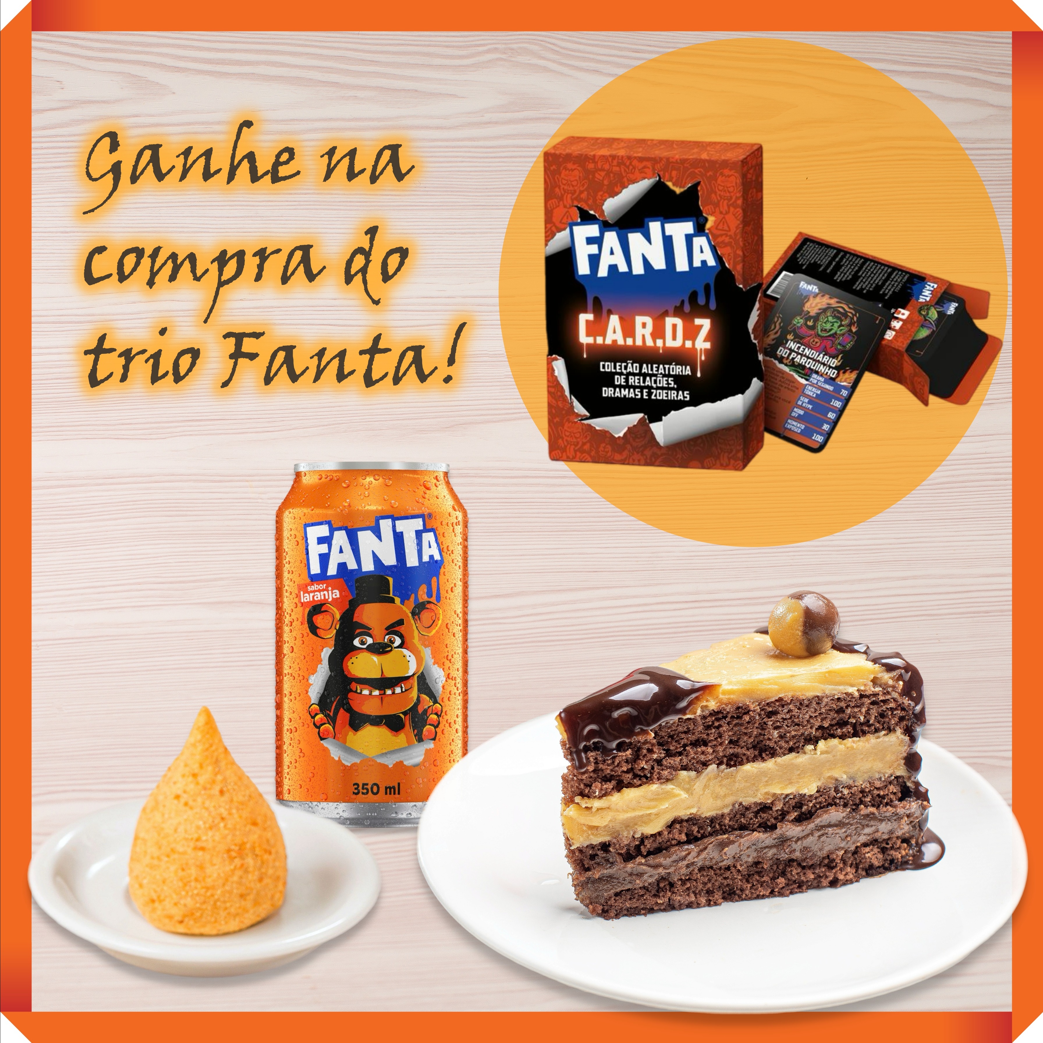 Fatia de Bem-Casado + Coxinha + Fanta 350 ml + Cortesia Game CARDZ