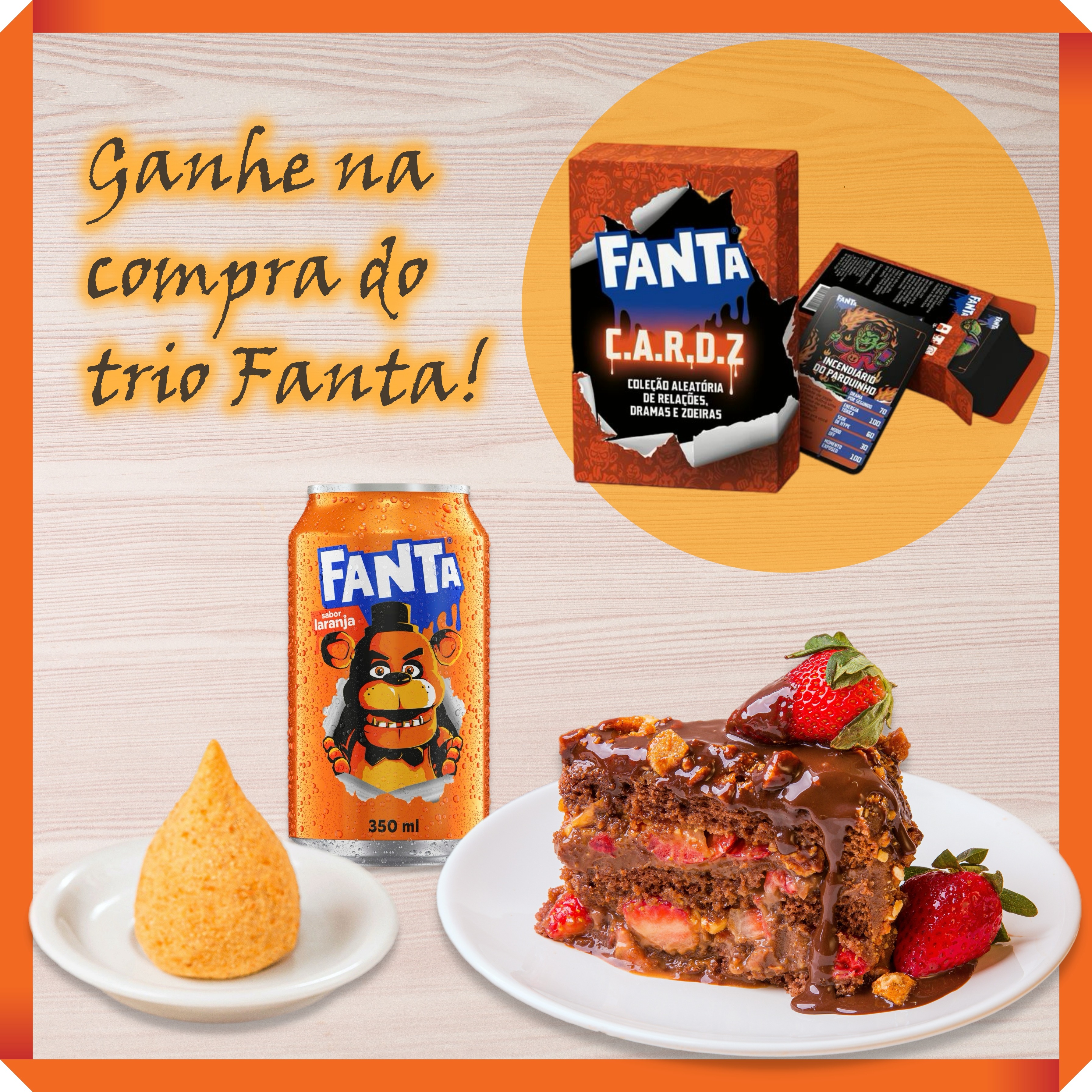 Fatia de Morangos frescos com Brigadeiro e Crocante de Castanha + Coxinha + Fanta 350 ml + Cortesia Game CARDZ