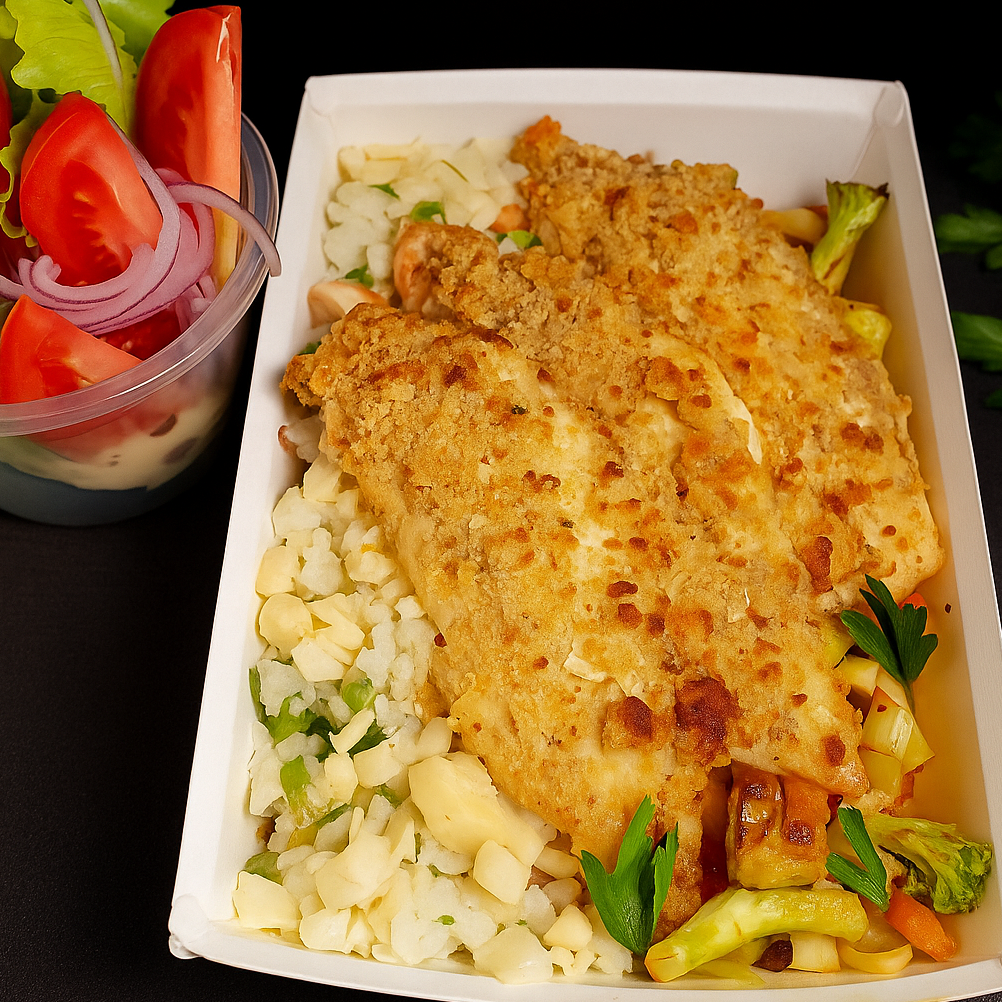 Filé de tilápia com crosta de queijo e castanhas