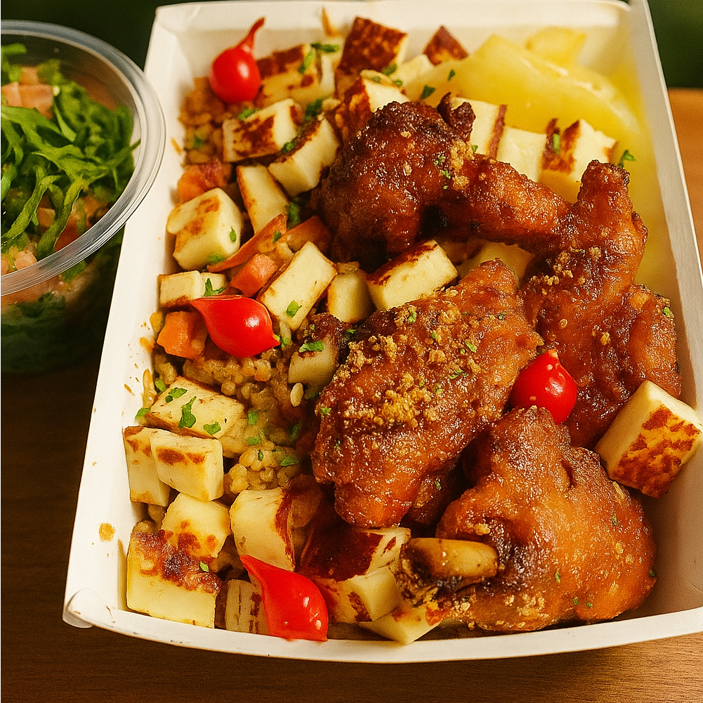 Baião de dois arretado com frango frito