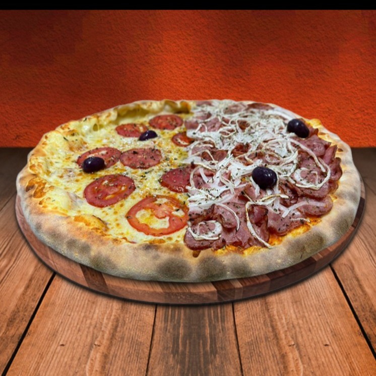 Pizza Grande Mussarela + Calabresa (08 pedaços)