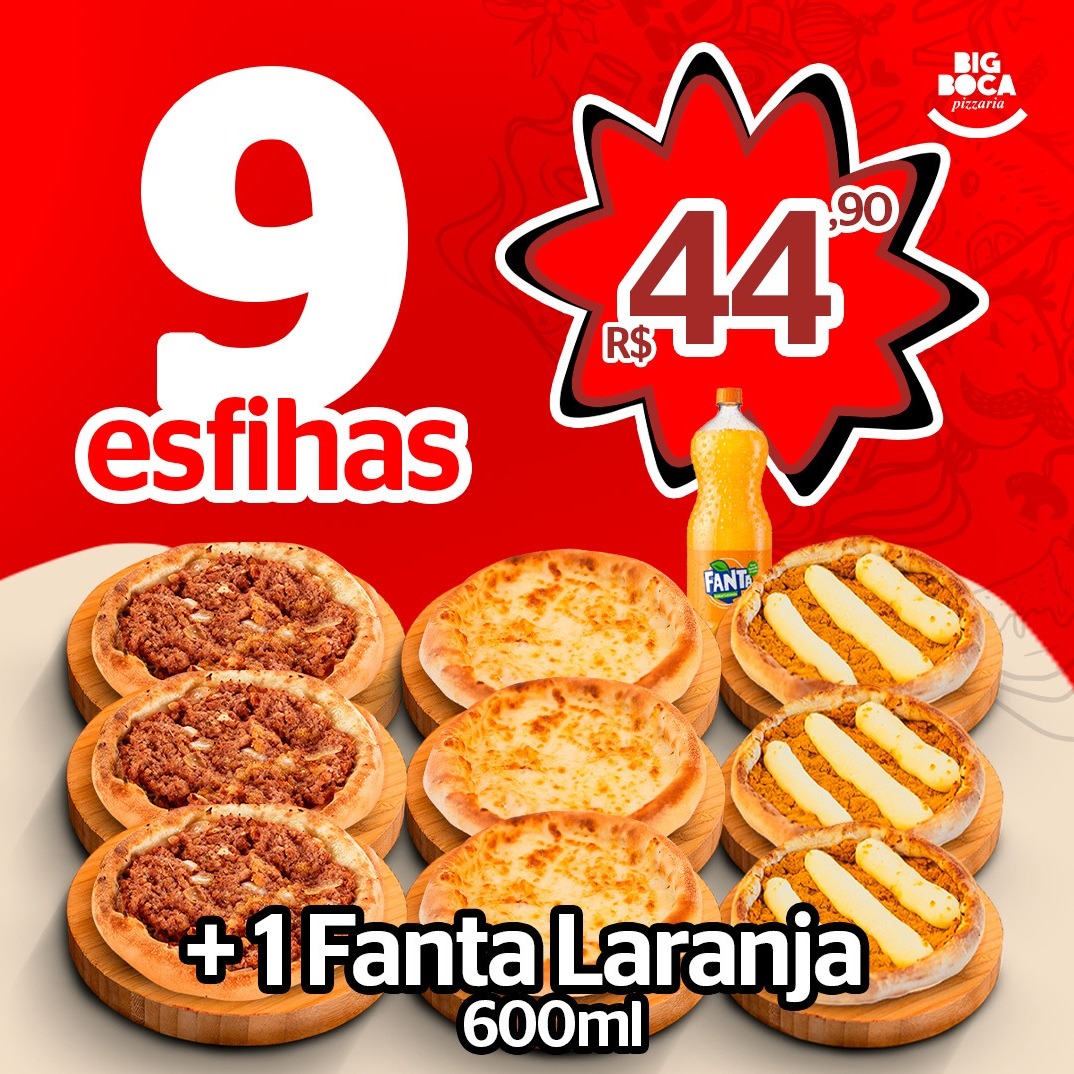9 Esfihas + 1 Fanta Laranja 600 ml