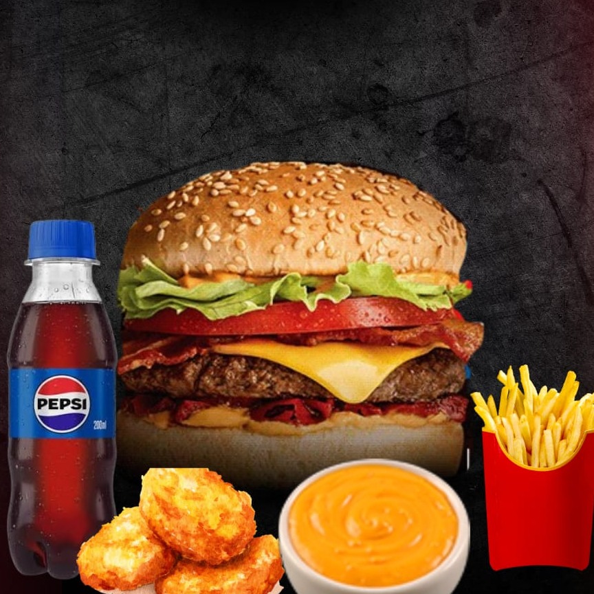 X Tudo de carne,batata PP, 4 nuggets,pepsi  200 ml e molho cheddar