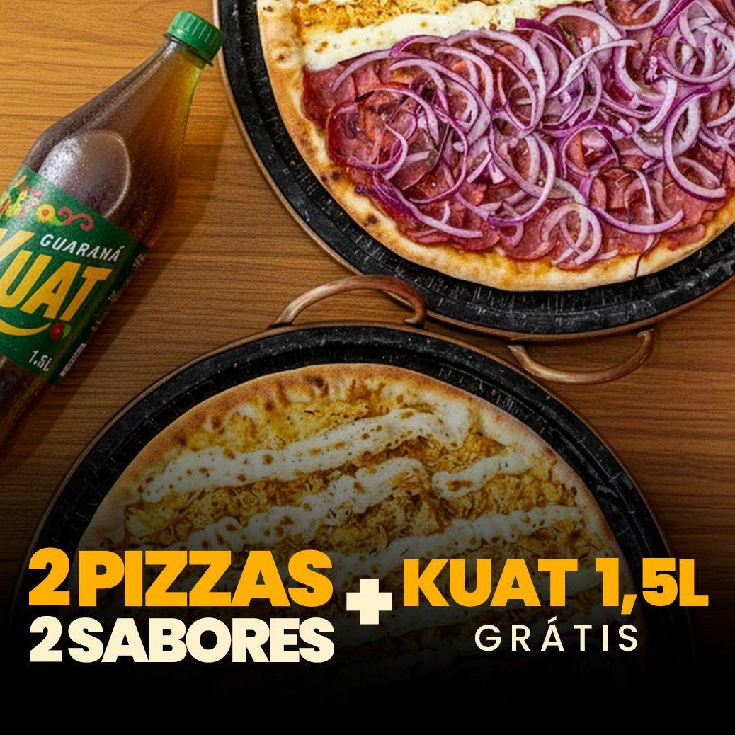 2 PIZZAS 2 SABORES + KUAT GRÁTIS