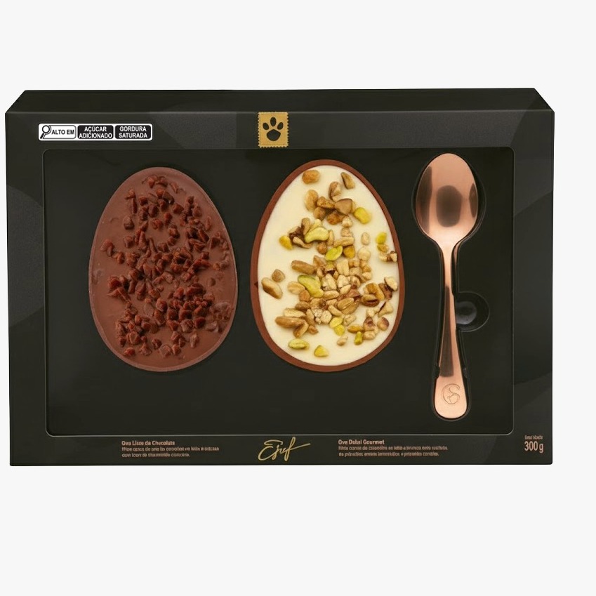 Um ovo com duas metades irresistíveis: licor de chocolate com caramelo crocante e pistache com kataifi. Texturas e sabores sofisticados.