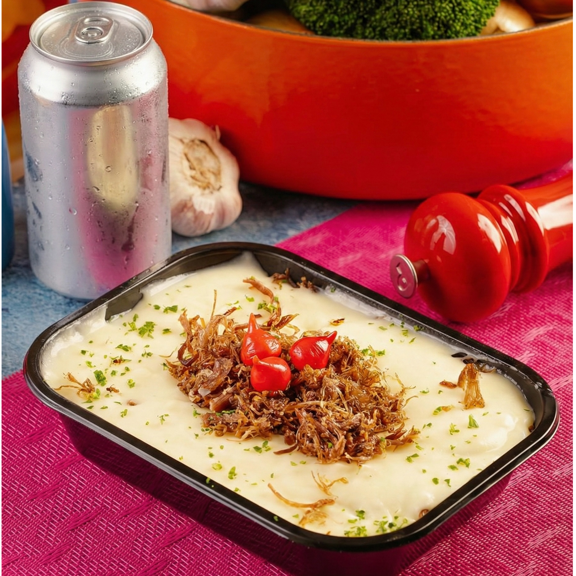 Escondidinho de carne de sol + refrigerante lata 350ml