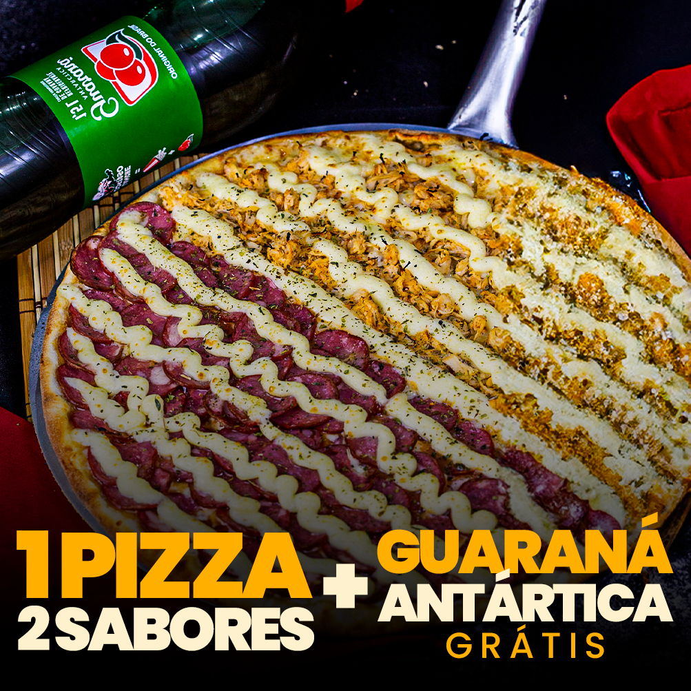 1 PIZZA GRANDE 2 SABORES + GUARANÁ KUAT 1,5L GRÁTIS