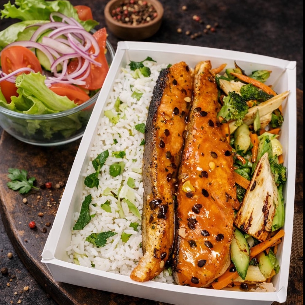 Salmão grelhado com molho de maracujá + 1 mini tortinha de chocolate 