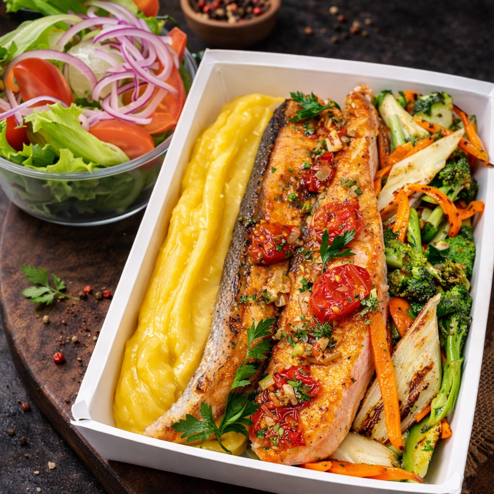 Salmão grelhado com pesto de tomate cereja assado (opção 1) + 1 mini tortinha de chocolate