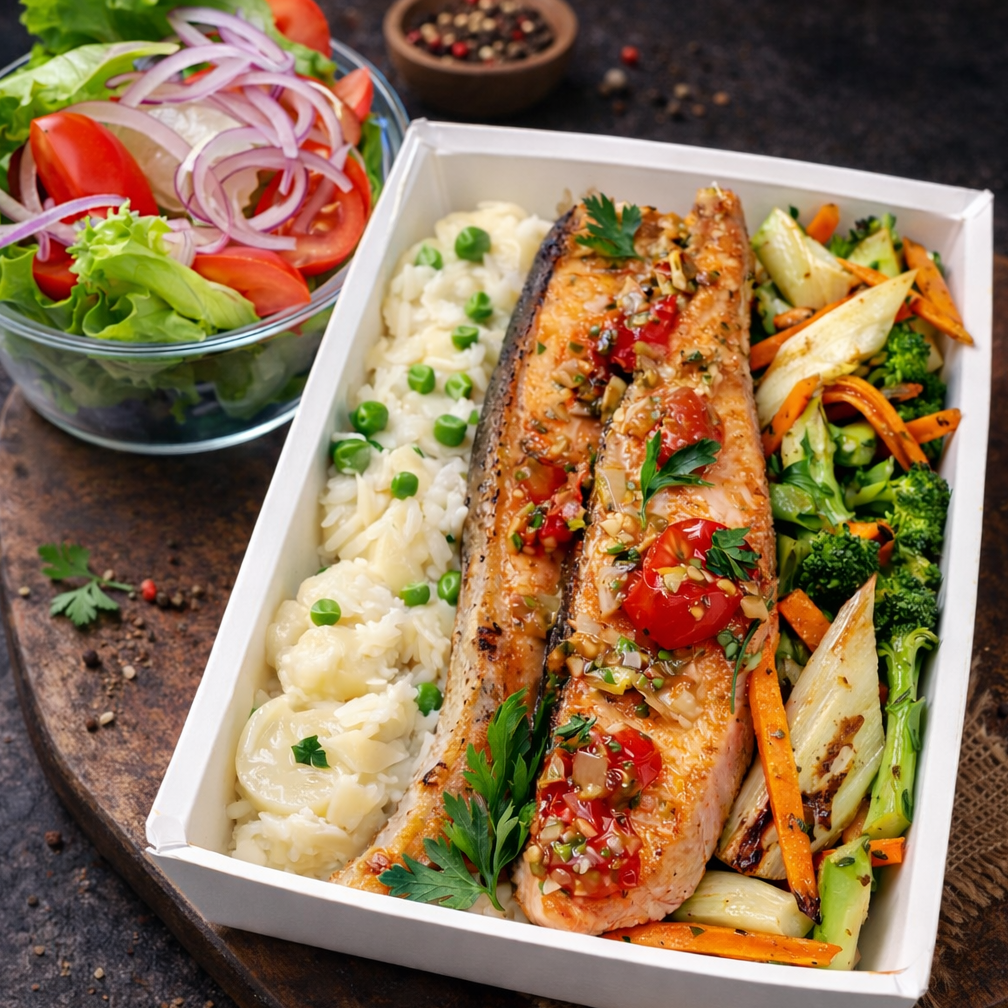 Salmão grelhado com pesto de tomate cereja assado (opção 2) + 1 mini tortinha de chocolate