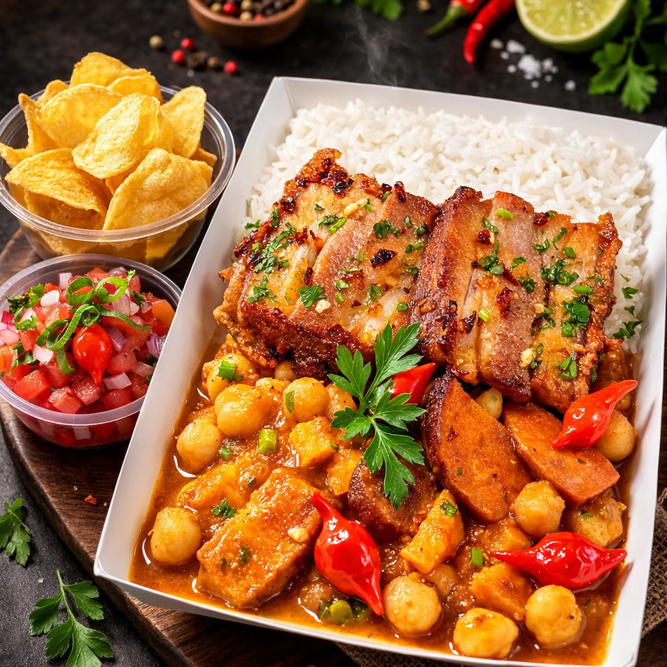 Cozido de grão de bico com panceta assada