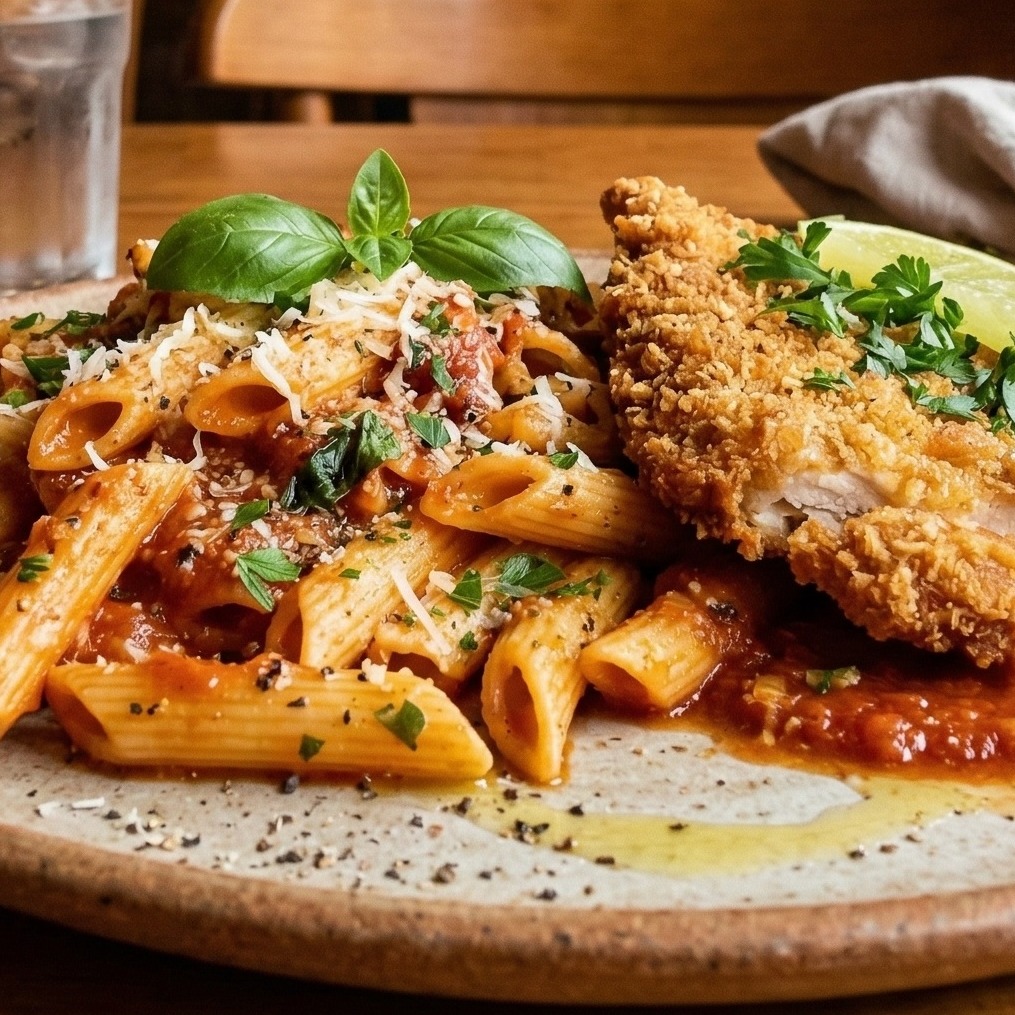 Penne ao Sugo com Frango a Milanesa
