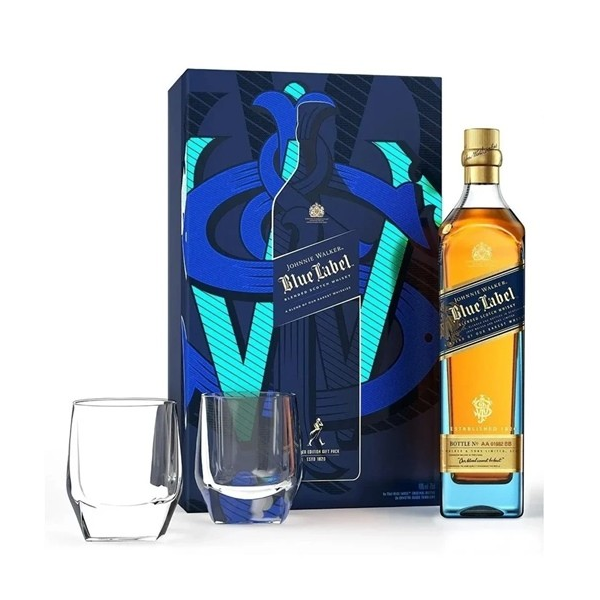 KIT WHISKY JOHNNIE WALKER BLUE LABEL 750ML + 2 COPOS