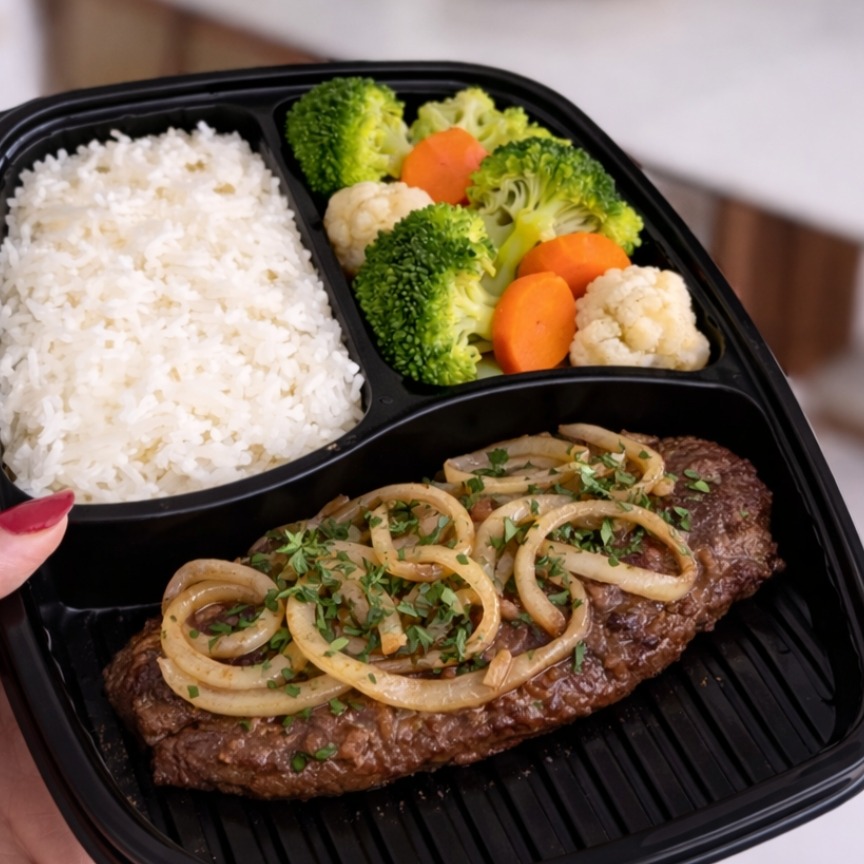 Econômico: Bife acebolado + 2 acompanhamentos