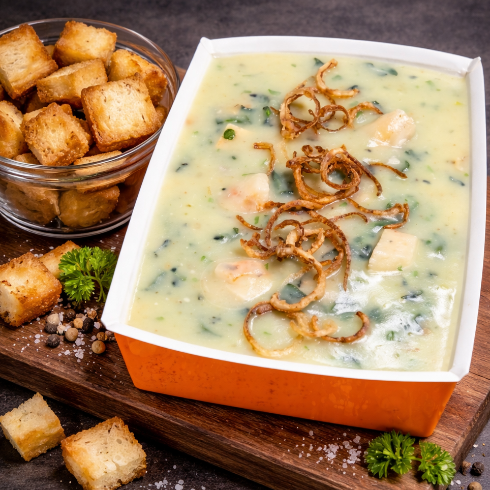 Sopa de alho poró com espinafre e frango