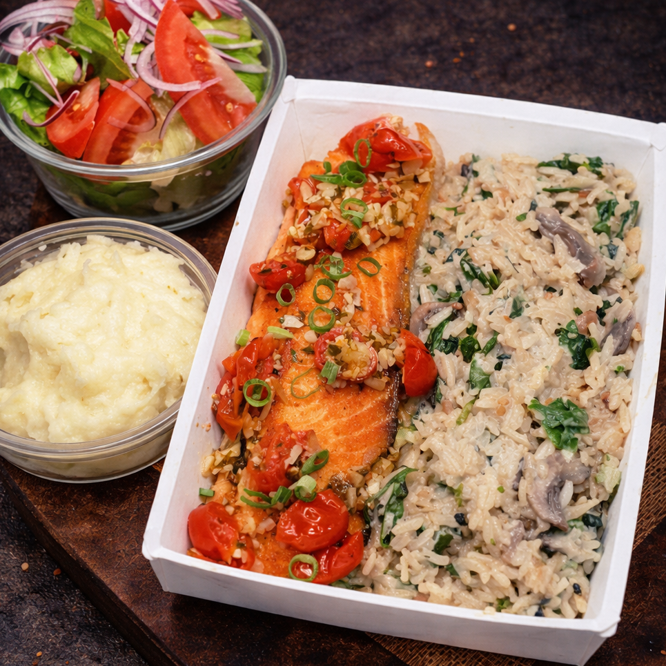 Salmão grelhado com pesto tomate cereja assado (opção 3) + mini tortinha de chocolate