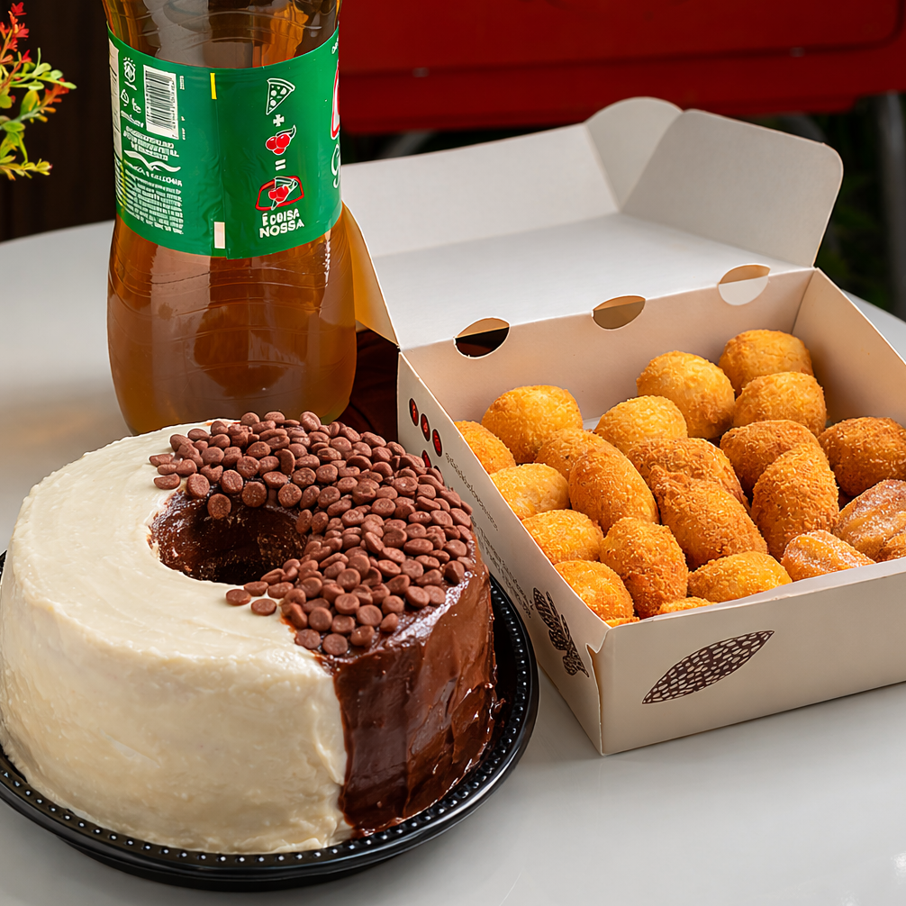 Kit Festa 4 - Encontro - 25x Salgadinhos variados, 1x Bolo Tradicional Médio, 1x Refrigerante 2L