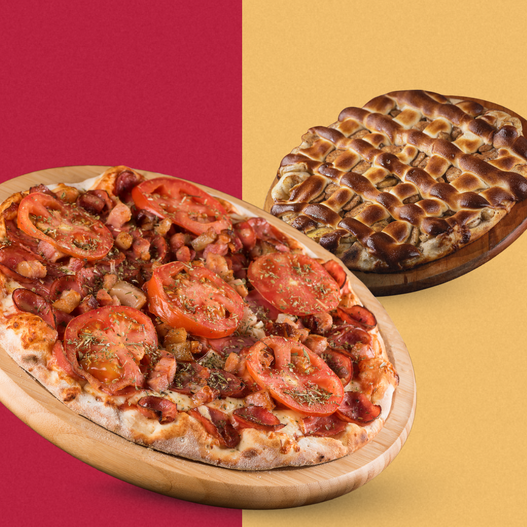 Giga Calabresa com Bacon (Pizzaiolo) + Broto Banana Nevada Grátis!