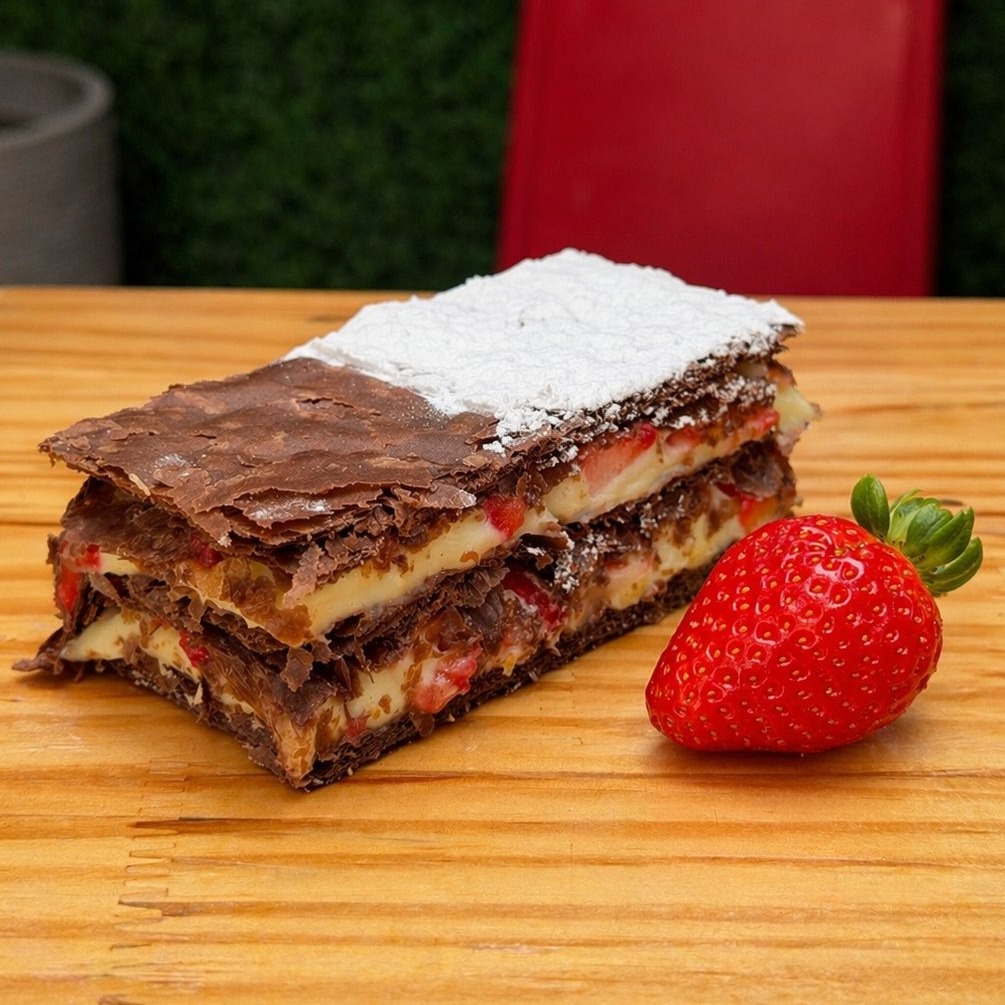 MIL FOLHAS DE CHOCOLATE COM MORANGO