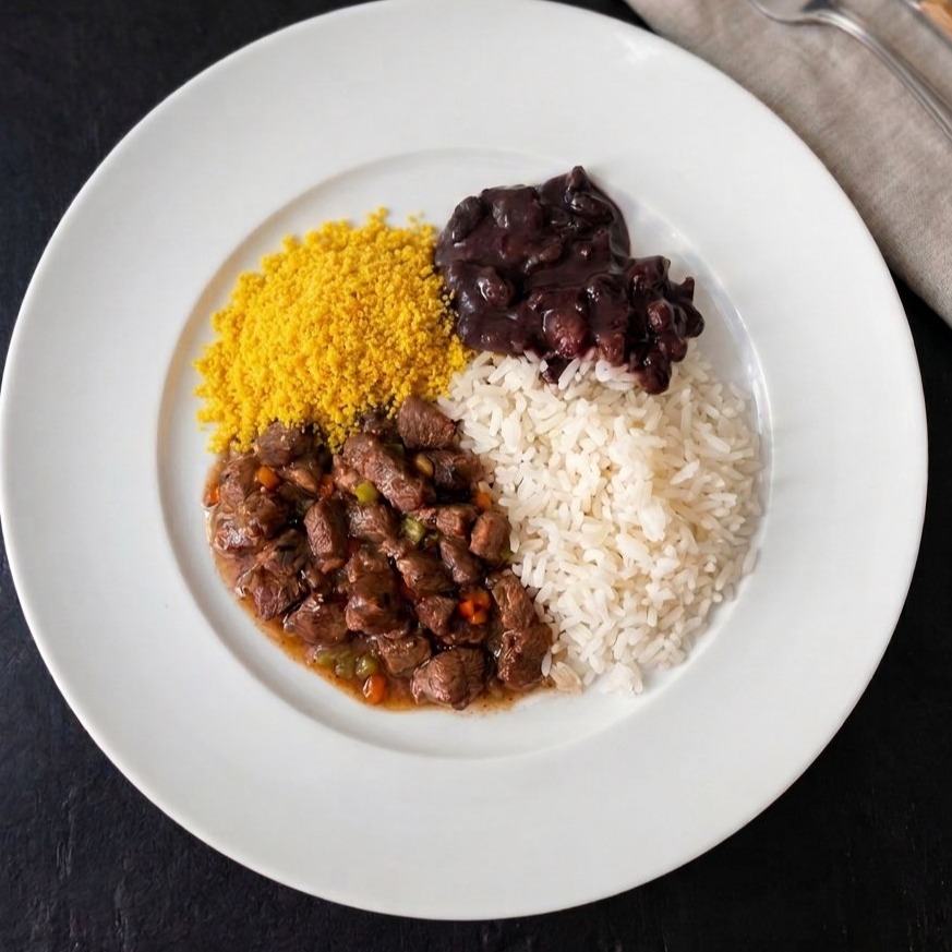 PICADINHO DE MIGNON COM ARROZ BRANCO, FEIJÃO E FAROFA (PRATO INFANTIL)