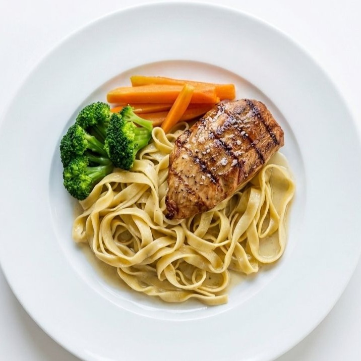 FILEZINHO DE FRANGO ORGANICO COM FETTUCCINE NA MANTEIGA E LEGUMES (PRATO INFANTIL) 