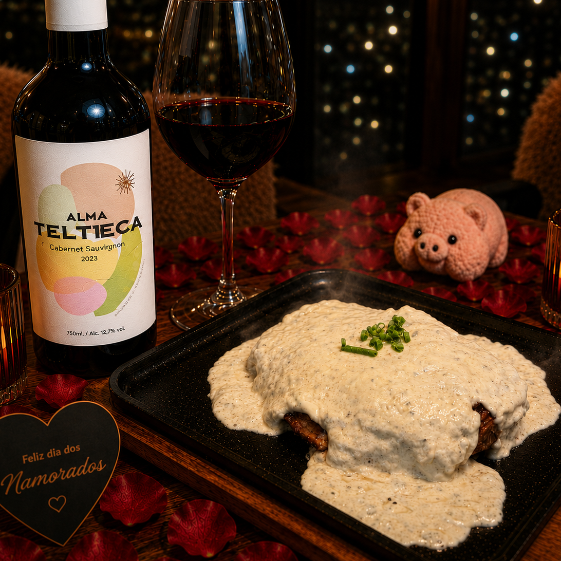 ENTRECOT AO GORGONZOLA + VINHO E SOBREMESA