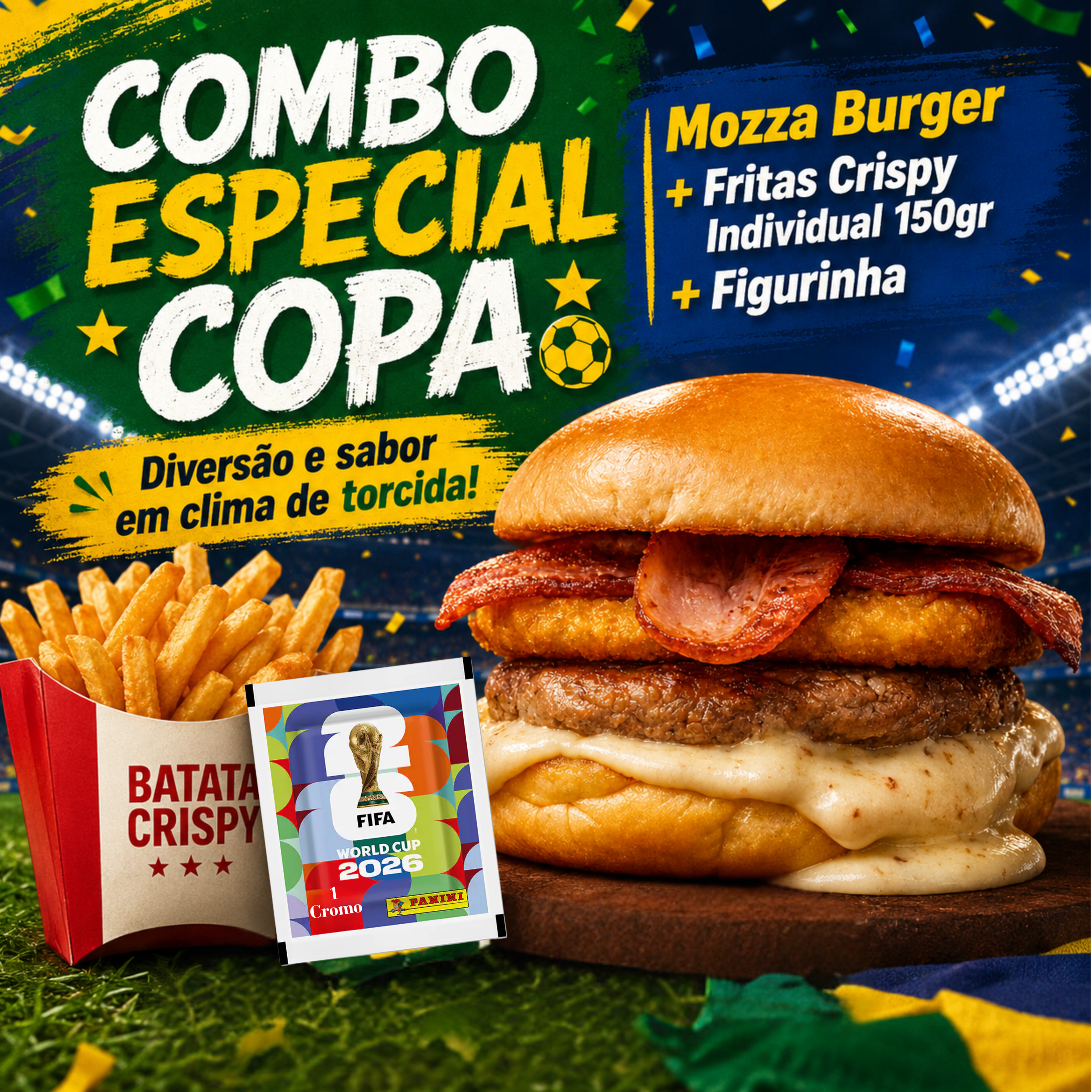 Mozza Burger + Fritas Crispy Individual 150gr + Figurinha (Especial Copa)