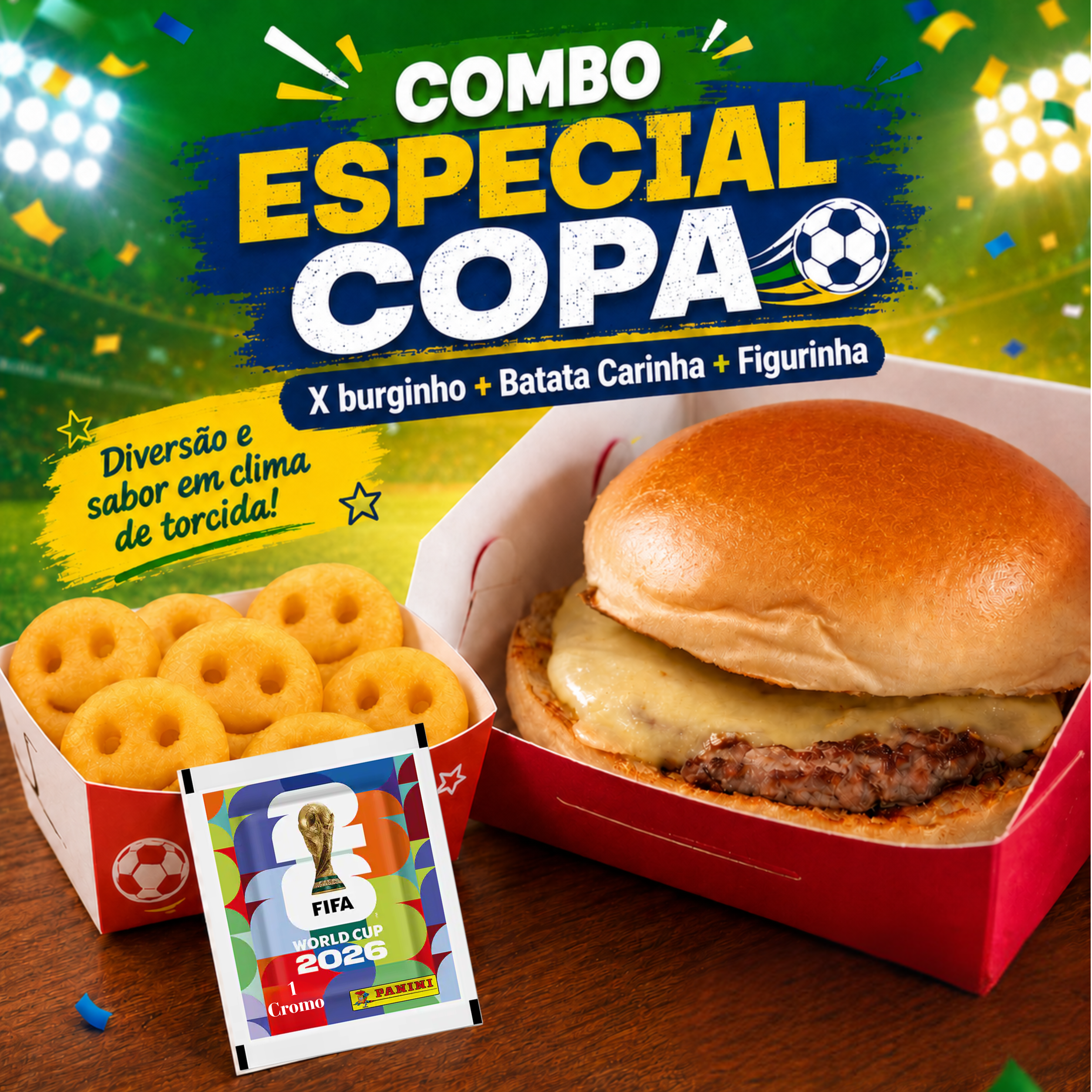 X Burguinho + Batata Kids 150gr + Figurinha (Especial Copa)