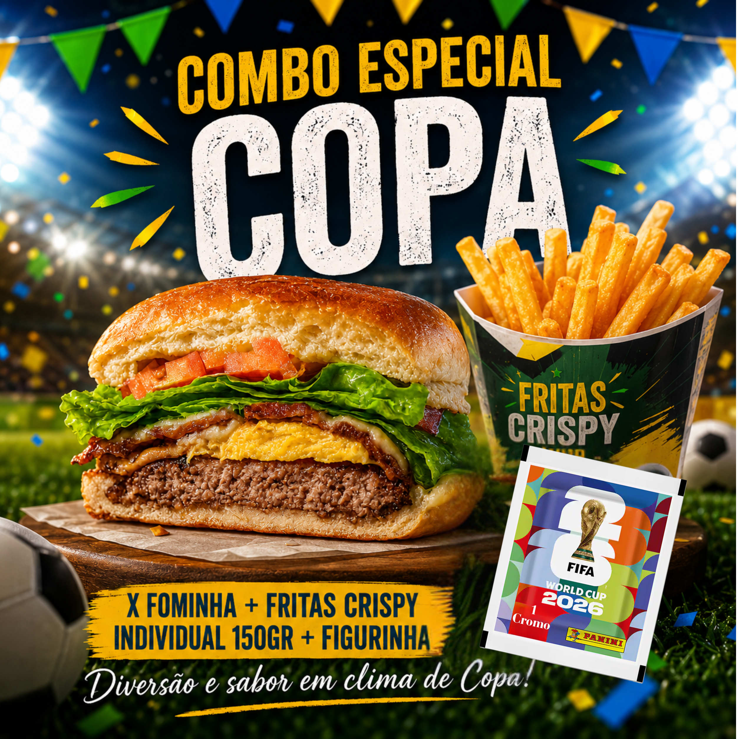 X Fominha + Fritas Crispy Individual 150gr + Figurinha (Especial Copa)