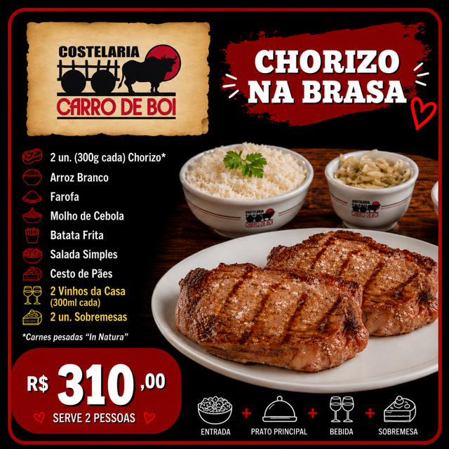Especial Dia dos Namorados - Bife de Chorizo p/ 2 pessoas.