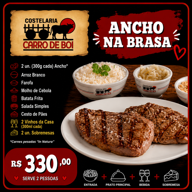 Especial Dia dos Namorados: Bife Ancho p/ 2 pessoas.
