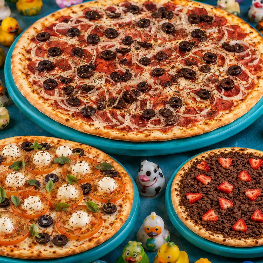 Peça seu combo com 1 Pizza Salgada de 45cm (até dois sabores) com 1 Pizza Salgada de 35cm (até dois sabores) e leve 1 Pizza Doce de 25cm (um sabor) grátis.