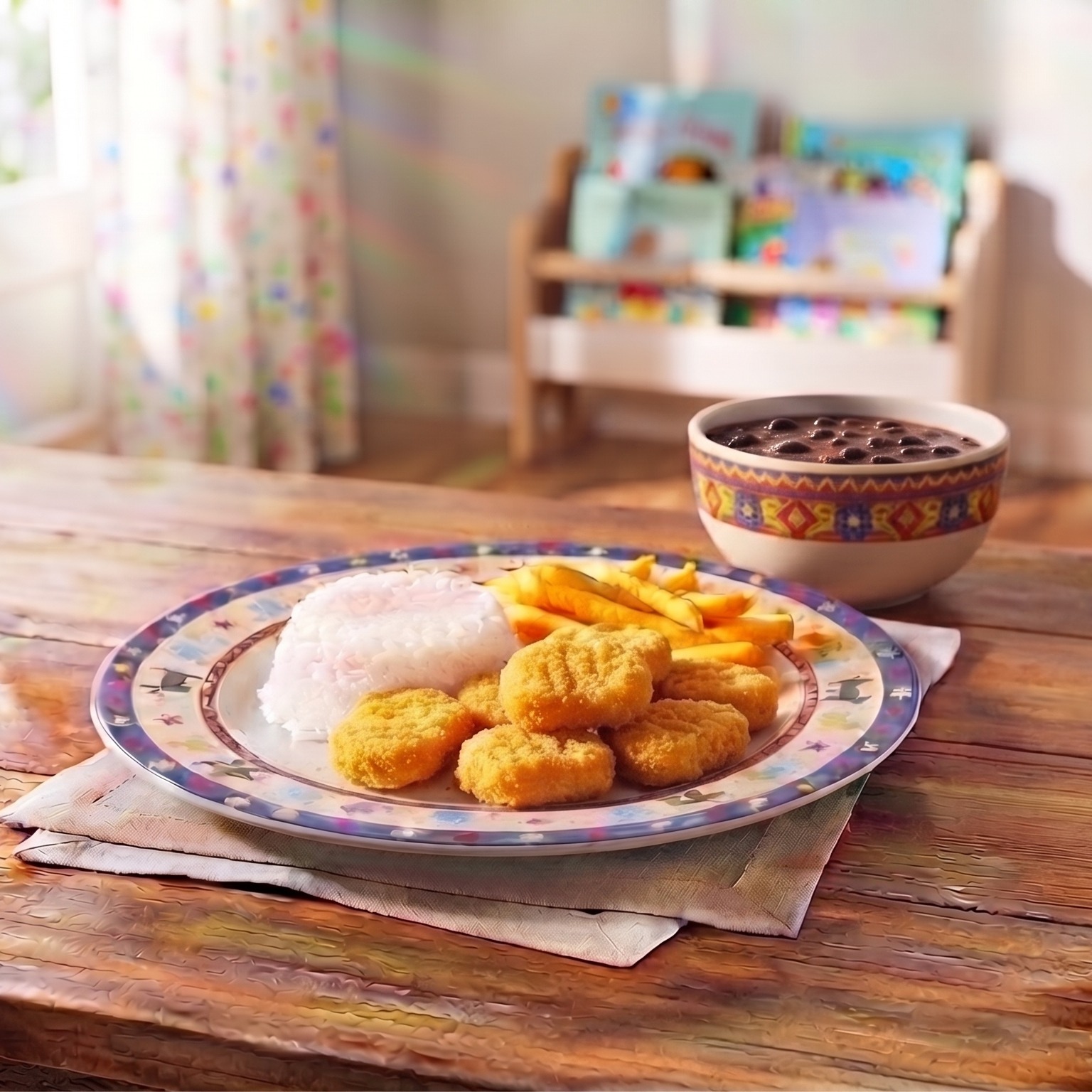 Danadinho: Nuggets de frango, batata frita, arroz (150g) e feijão (150g)