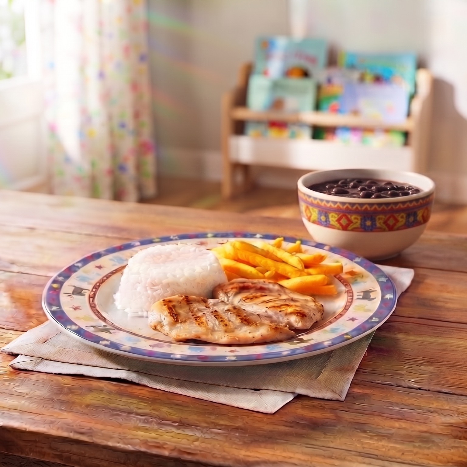 Miudinho: Filé de frango (130g), batata frita, arroz (150g) e feijão (150g)