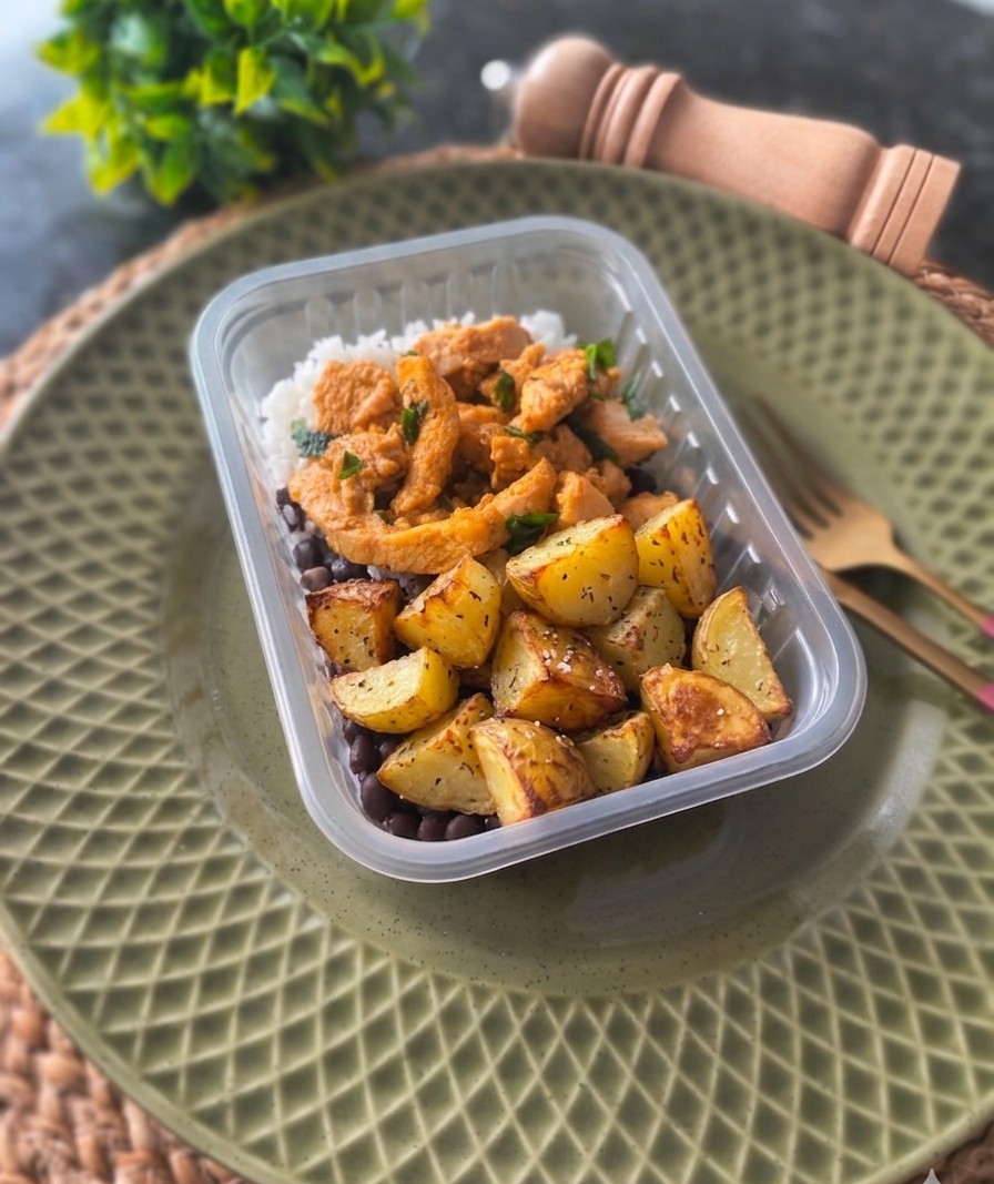 PF - Tiras de frango, arroz branco, feijão preto e batata doce assada
